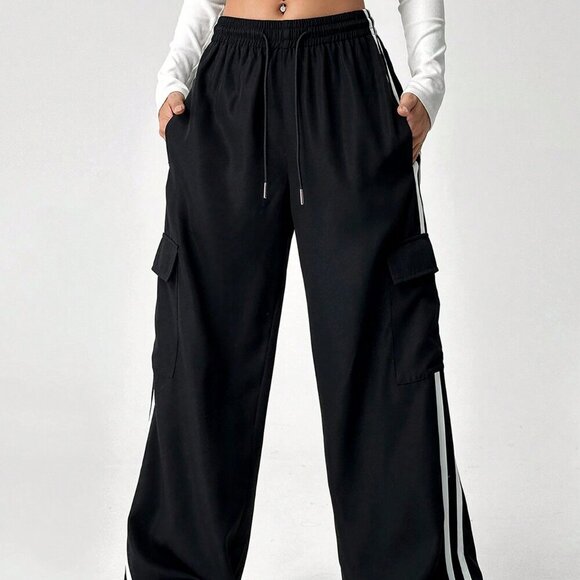 Black Casual Women's Drawstring Waist Striped Side Pocket Pants - Picture 4 of 6